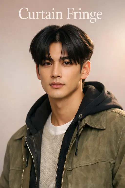 Taper fade with curtain fringe on medium-length Asian hair, center-parted top with soft tapering on sides for a balanced face-framing look