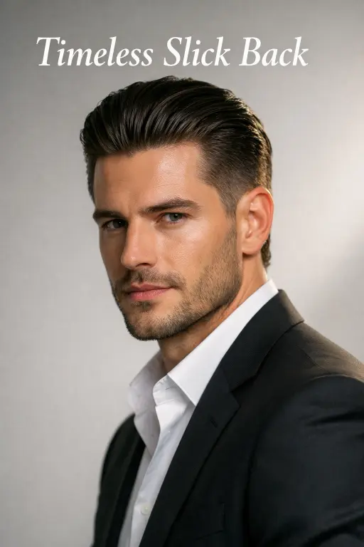 slick back hairstyle with temple fade haircut for men featuring medium-length smooth hair combed backward with clean temples