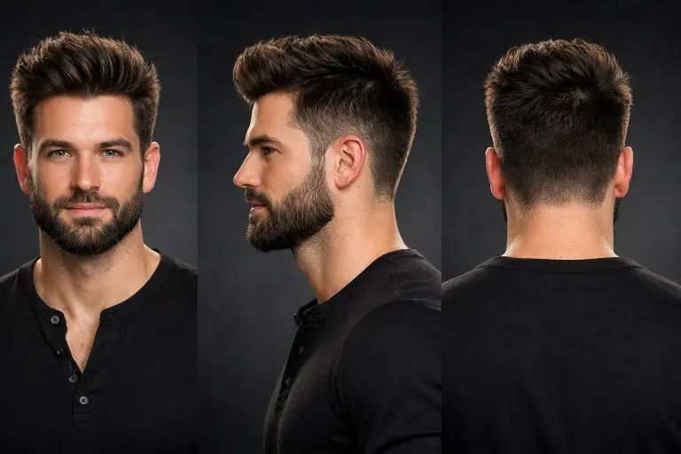 various blowout taper haircut styles for men showing different taper fades, hair lengths, and textures including curly, wavy, and straight hair with voluminous tops and clean sides