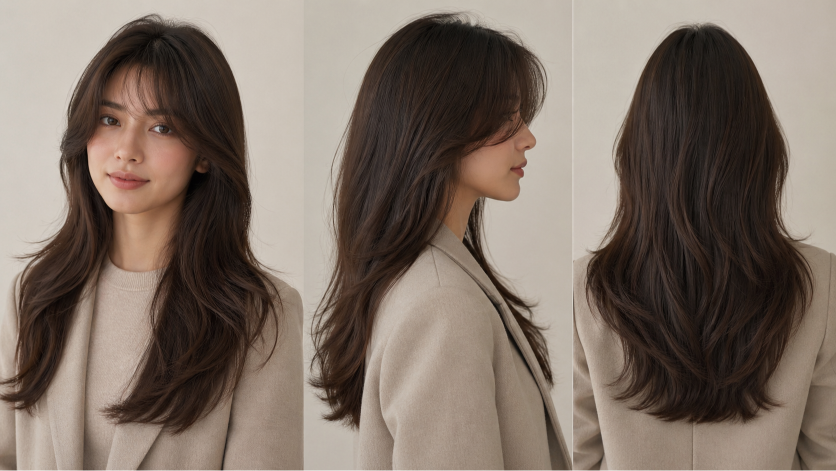 Bangs hairstyles for round faces featuring side-swept and curtain fringe that slim and frame soft facial features