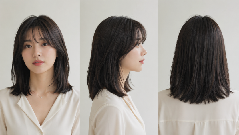 Thin fine hair makeover with soft layered bob and wispy bangs adding natural volume and face-framing shape