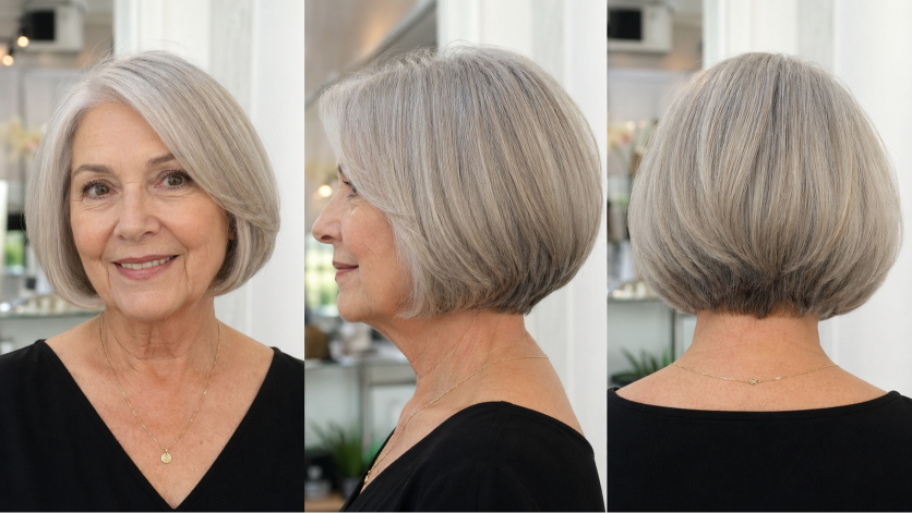 Elegant short and layered hairstyles for women over 80 showcasing soft volume, natural gray hair, and easy-to-maintain flattering cuts