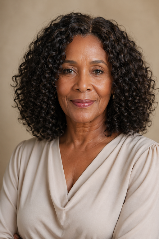 Confident older Black woman with natural gray curls in a stylish wash-and-go hairstyle, showcasing low-maintenance beauty and elegance