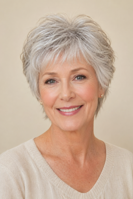 Hairstyles for women over 60 with bangs featuring layered bobs, pixie cuts, and soft fringes that flatter mature faces and fine hair