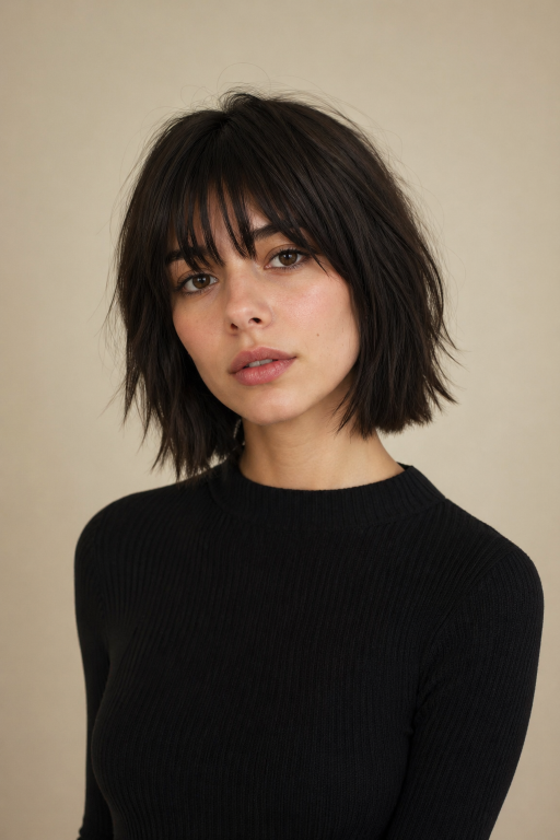 Short shaggy bob haircut with textured layers and effortless volume for modern women
