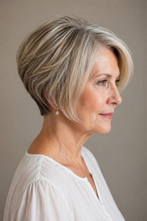 Elegant older woman (age 60+) with natural wrinkles and soft features showcasing a chic pixie bob haircut,