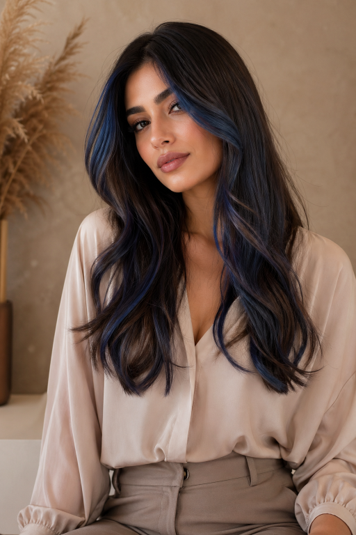 Blue balayage for brunettes featuring soft blended navy, teal, and pastel tones on long layered hair with natural dark roots and glossy finish