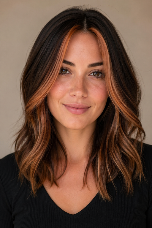 Caramel copper balayage on brunette hair with warm dimensional highlights and soft blended tones creating a natural sun-kissed look