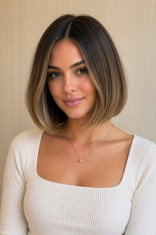 Brown and blonde balayage on short hair showcasing soft blended highlights, dimensional tones, and modern low-maintenance color for a natural, sun-kissed look