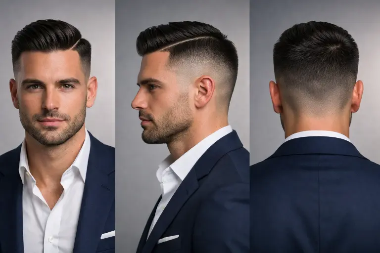 bald taper fade with hard part featuring a shaved line and sharply defined side part