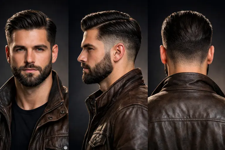 Taper comb over fade style with beard, showing blended fade into facial hair and a structured combed top