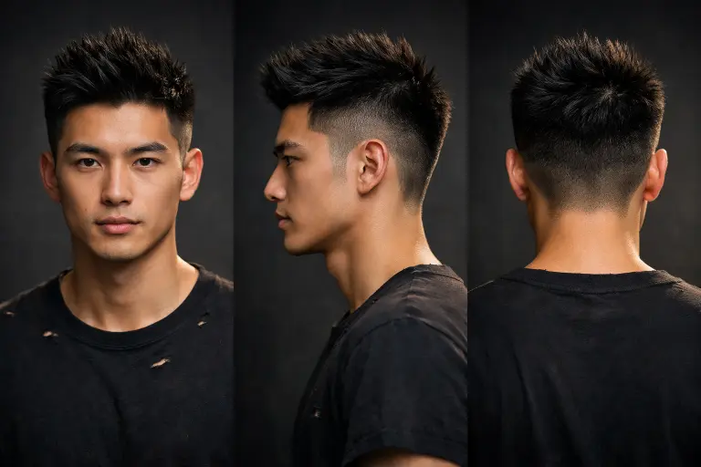 Taper fade with spiky top on thick Asian hair, short sides with upward styled spikes adding height and a youthful energetic feel