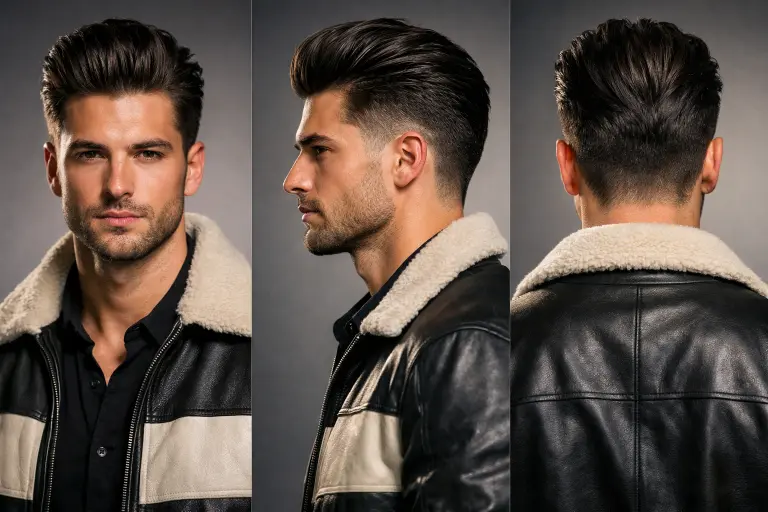 voluminous slick back taper fade with lifted front, thick hair, and structured backward styling