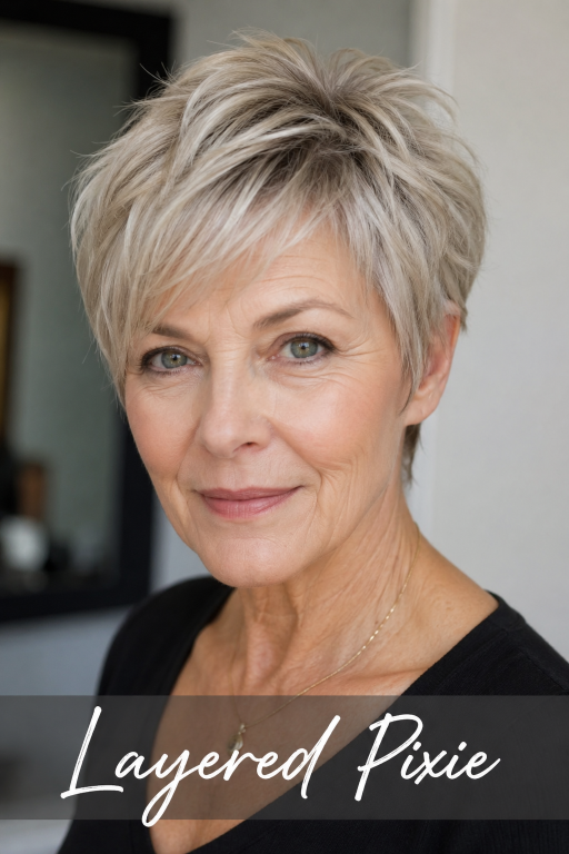 short hairstyles for women over 50 with layered bobs, pixie cuts, and volume styles