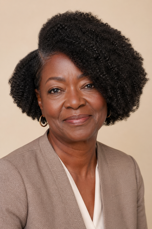 Confident older Black woman with natural gray curls in a stylish wash-and-go hairstyle, showcasing low-maintenance beauty and elegance