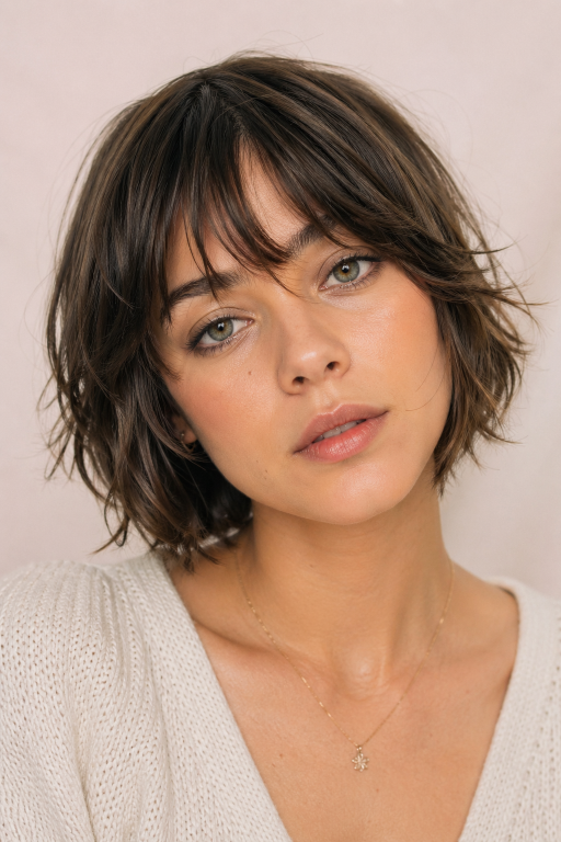 Short shaggy bob haircut with textured layers and effortless volume for modern women