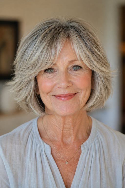 Choppy bob hairstyles for women over 60 showing layered, textured cuts that add volume and movement to aging hair