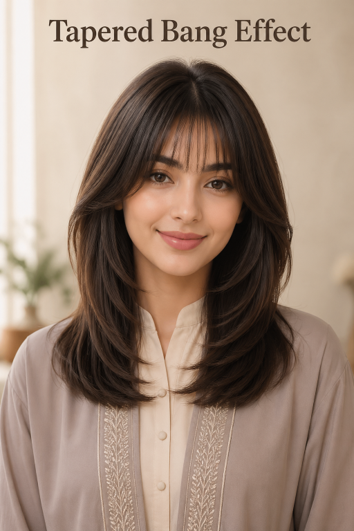 Bangs hairstyles for round faces featuring side-swept and curtain fringe that slim and frame soft facial features