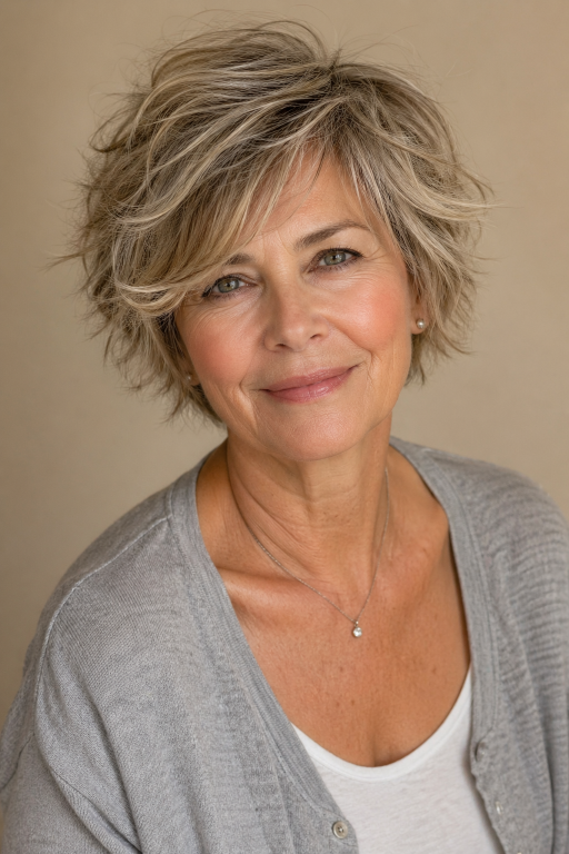 Elegant older woman (age 60+) with natural wrinkles and soft features showcasing a chic pixie bob haircut,