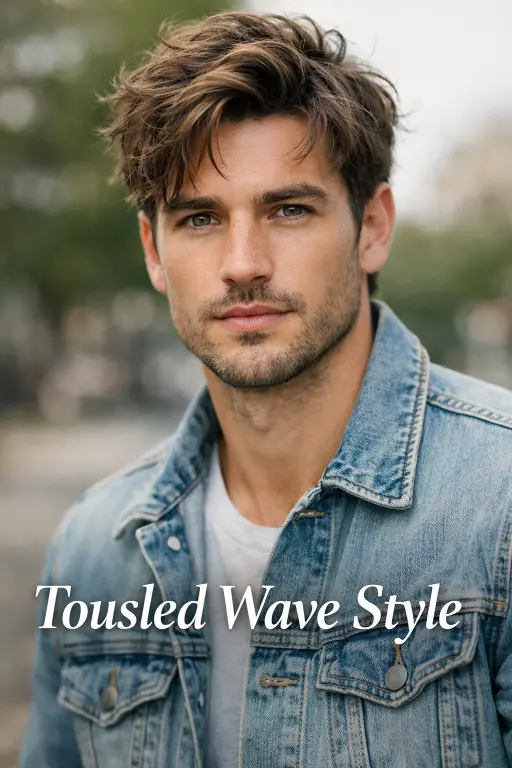Tousled low taper fade wavy hairstyle for men with windblown texture and soft messy waves