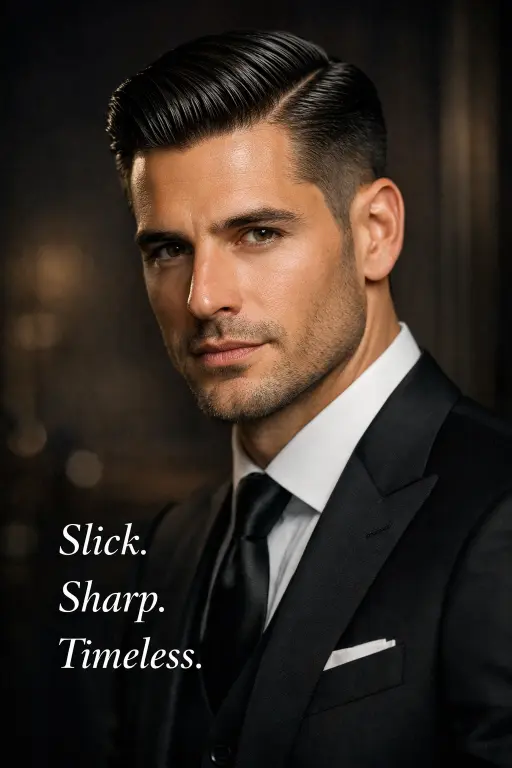 Slick taper comb over fade style with shiny pomade finish, straight hair neatly combed over, and clean tapered sides