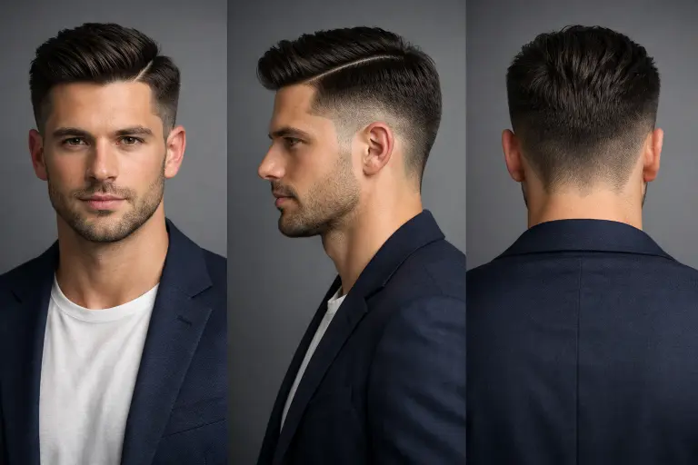 hard part temple fade haircut for men with shaved part line and structured top on straight hair