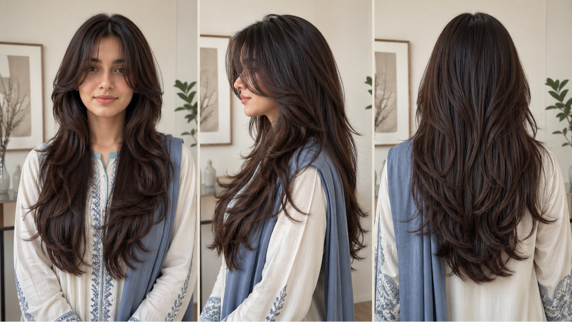 Bangs hairstyles for round faces featuring side-swept and curtain fringe that slim and frame soft facial features