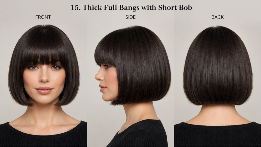 25 bangs hairstyles for short hair showcasing different fringe styles on pixie cuts and bobs for various face shapes and hair textures