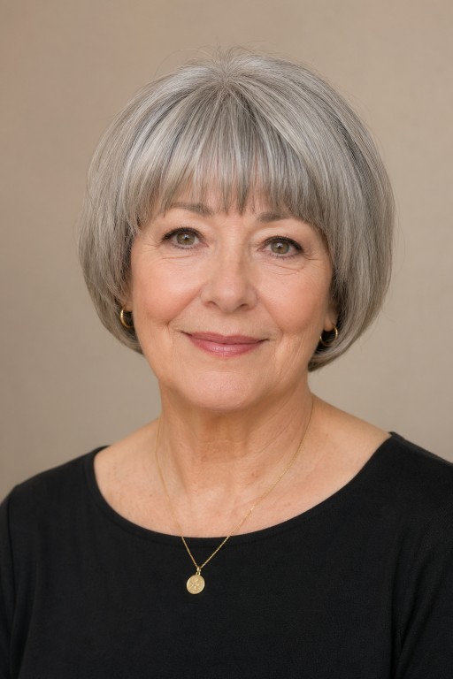 Hairstyles for women over 60 with bangs featuring layered bobs, pixie cuts, and soft fringes that flatter mature faces and fine hair