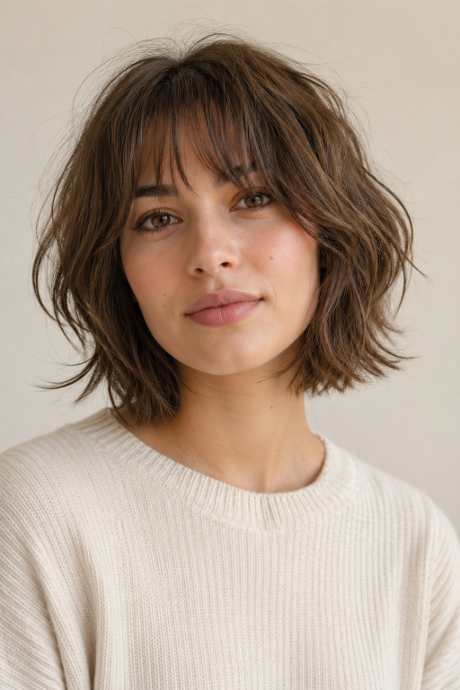 Short shaggy bob haircut with textured layers and effortless volume for modern women