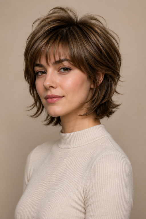 Short shag hairstyle with textured layers and modern volume for women