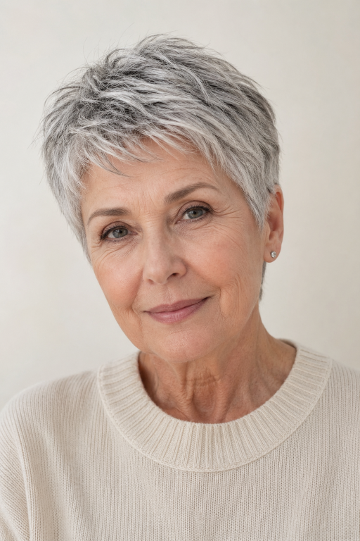Short haircuts for women over 70 featuring layered pixie, soft bob, and easy low-maintenance styles for thinning hair