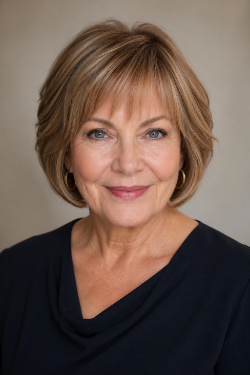 Elegant older woman (age 60+) with natural wrinkles and soft features showcasing a chic pixie bob haircut,