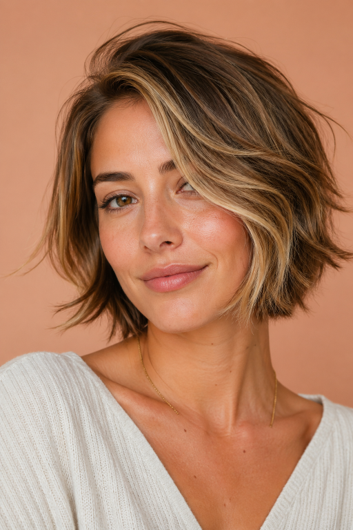 Brown and blonde balayage on short hair showcasing soft blended highlights, dimensional tones, and modern low-maintenance color for a natural, sun-kissed look