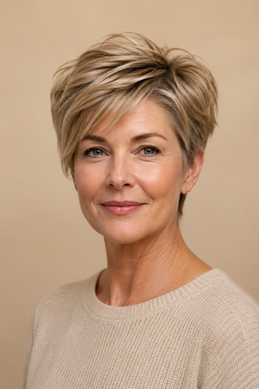 Hairstyles for women over 40 with thin fine hair showing volume-boosting cuts like layered bobs, pixies, and textured styles for fuller-looking hair
