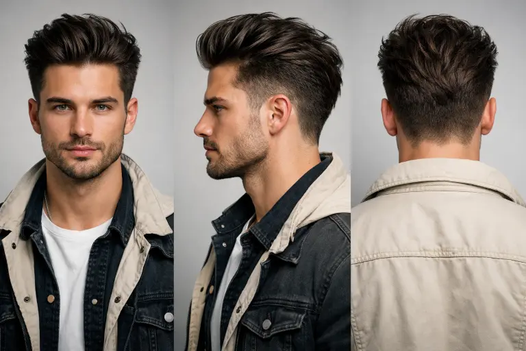 Burst taper fade haircut for men with long top styled into a quiff and neatly faded sides