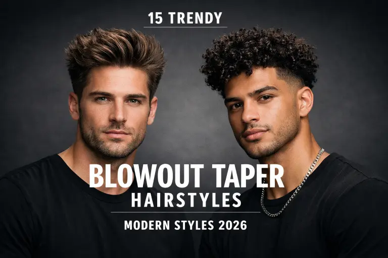 various blowout taper haircut styles for men showing different taper fades, hair lengths, and textures including curly, wavy, and straight hair with voluminous tops and clean sides