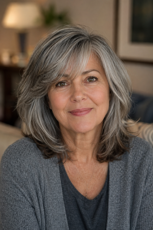 Hairstyles for women over 60 with bangs featuring layered bobs, pixie cuts, and soft fringes that flatter mature faces and fine hair