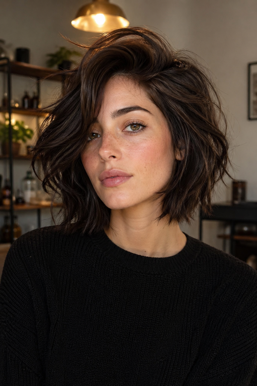 Short shaggy bob haircut with textured layers and effortless volume for modern women