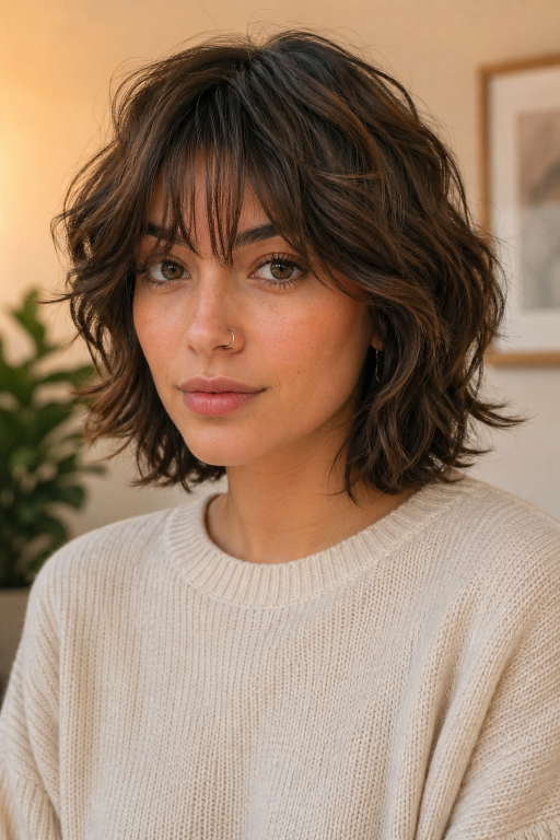 Short shag hairstyle with textured layers and modern volume for women