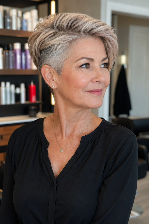 Elegant older woman (age 60+) with natural wrinkles and soft features showcasing a chic pixie bob haircut,