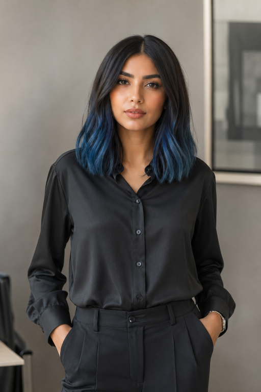Blue balayage for brunettes featuring soft blended navy, teal, and pastel tones on long layered hair with natural dark roots and glossy finish