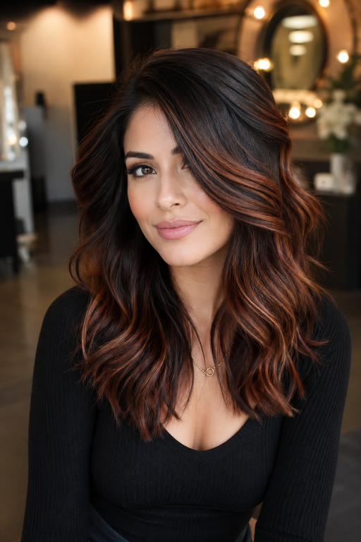 Caramel copper balayage on brunette hair with warm dimensional highlights and soft blended tones creating a natural sun-kissed look
