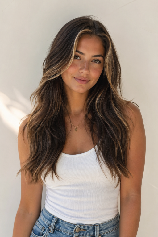 Brunette balayage with money piece highlighting face-framing strands for a bright, dimensional modern hair look