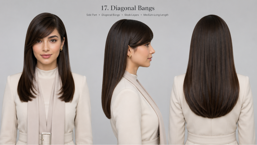 Bangs hairstyles for round faces featuring side-swept and curtain fringe that slim and frame soft facial features