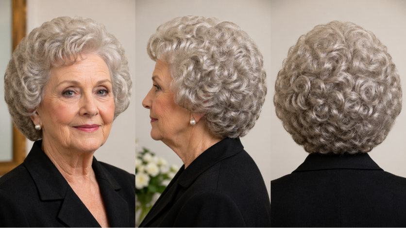Elegant short and layered hairstyles for women over 80 showcasing soft volume, natural gray hair, and easy-to-maintain flattering cuts