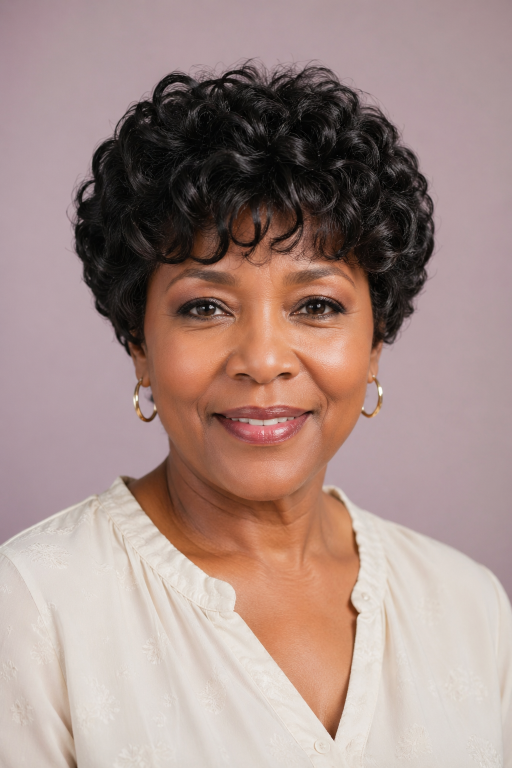 Confident older Black woman with natural gray curls in a stylish wash-and-go hairstyle, showcasing low-maintenance beauty and elegance