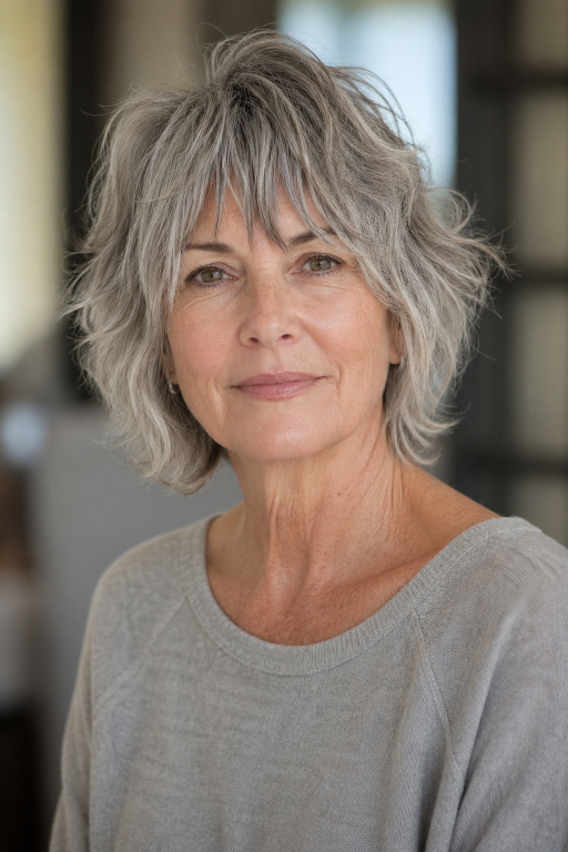 Hairstyles for women over 60 with bangs featuring layered bobs, pixie cuts, and soft fringes that flatter mature faces and fine hair