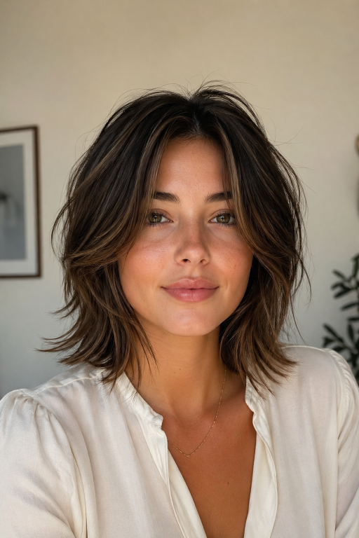 Short shag hairstyle with textured layers and modern volume for women