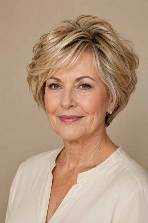 Elegant older woman (age 60+) with natural wrinkles and soft features showcasing a chic pixie bob haircut,